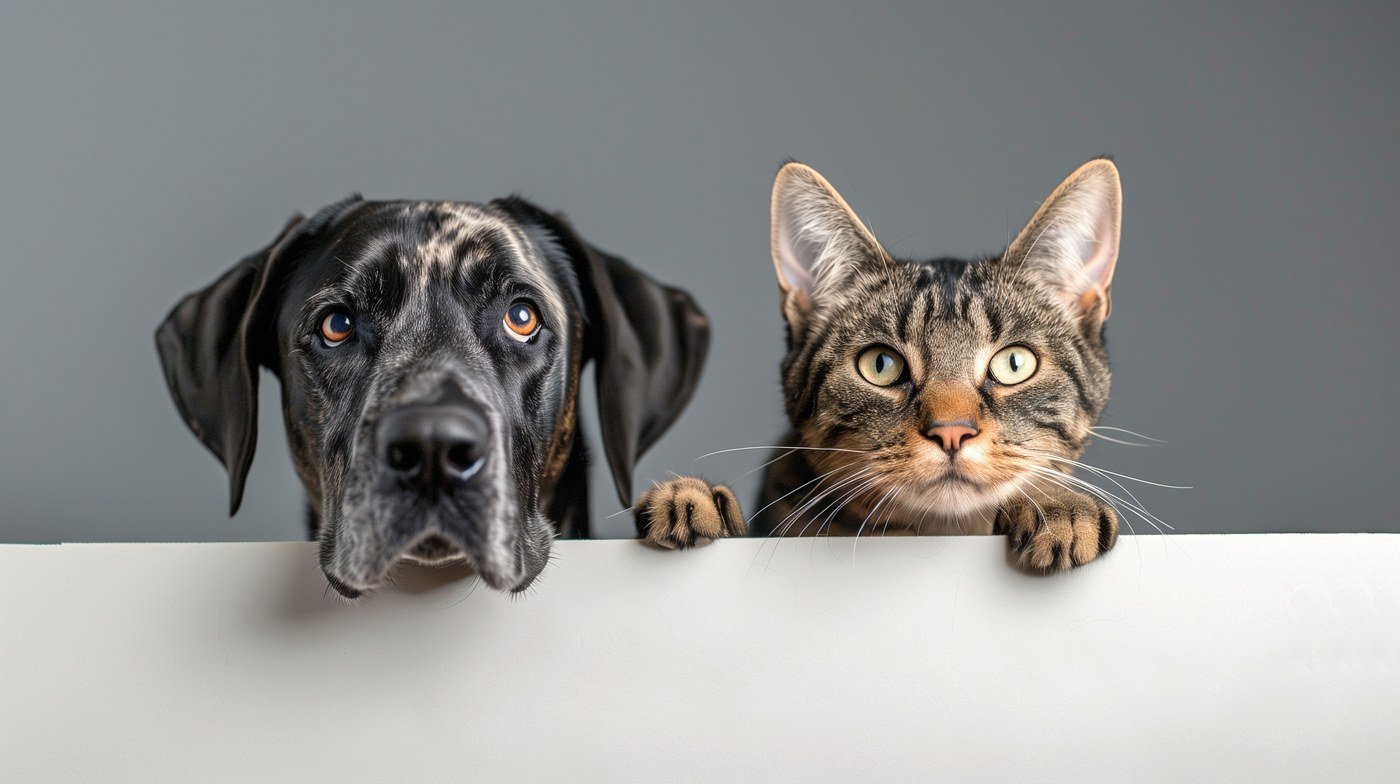 Un perro y un gato asomados con curiosidad