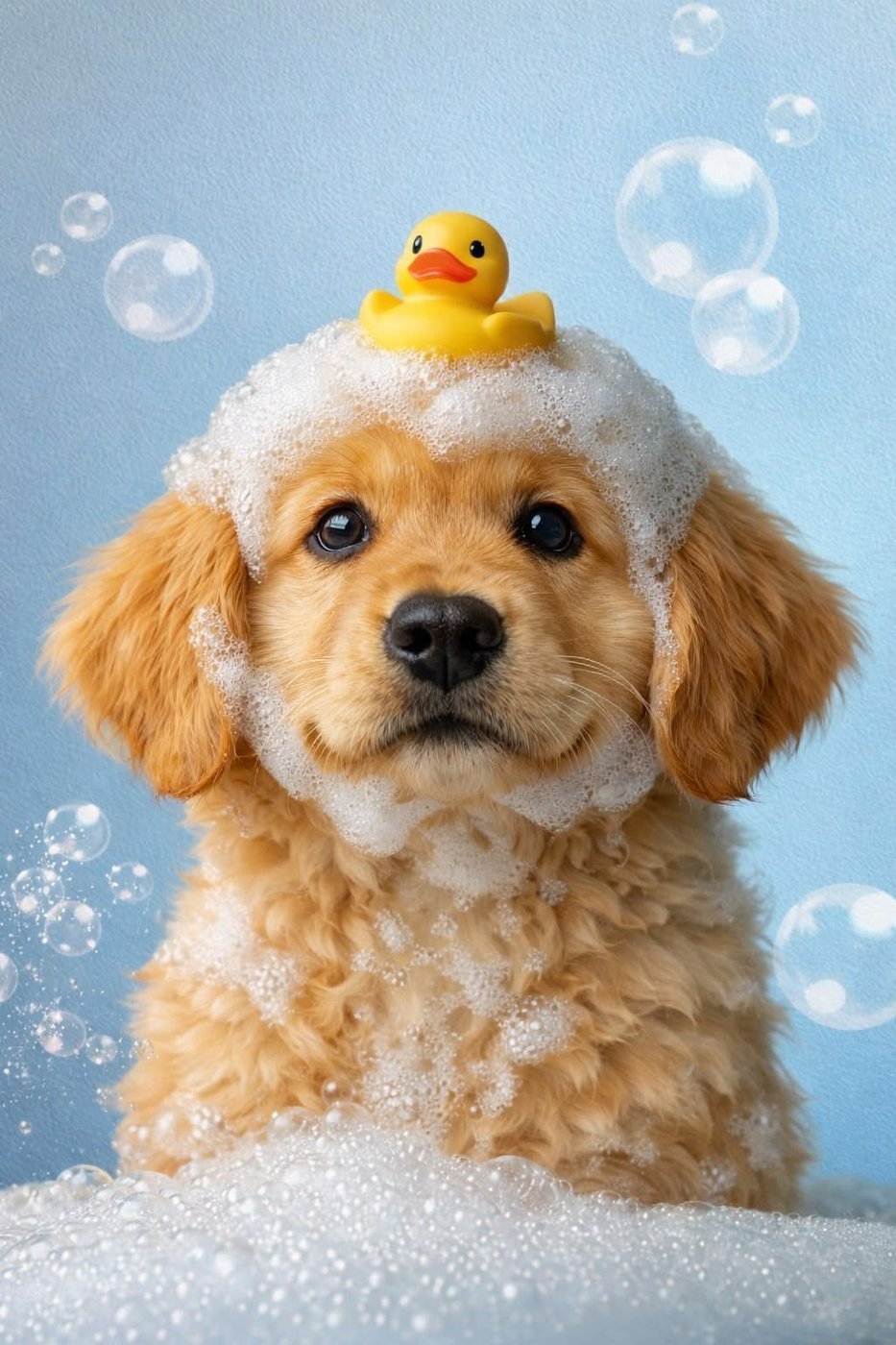 Cachorro con espuma de baño y un patito de hule en la cabeza